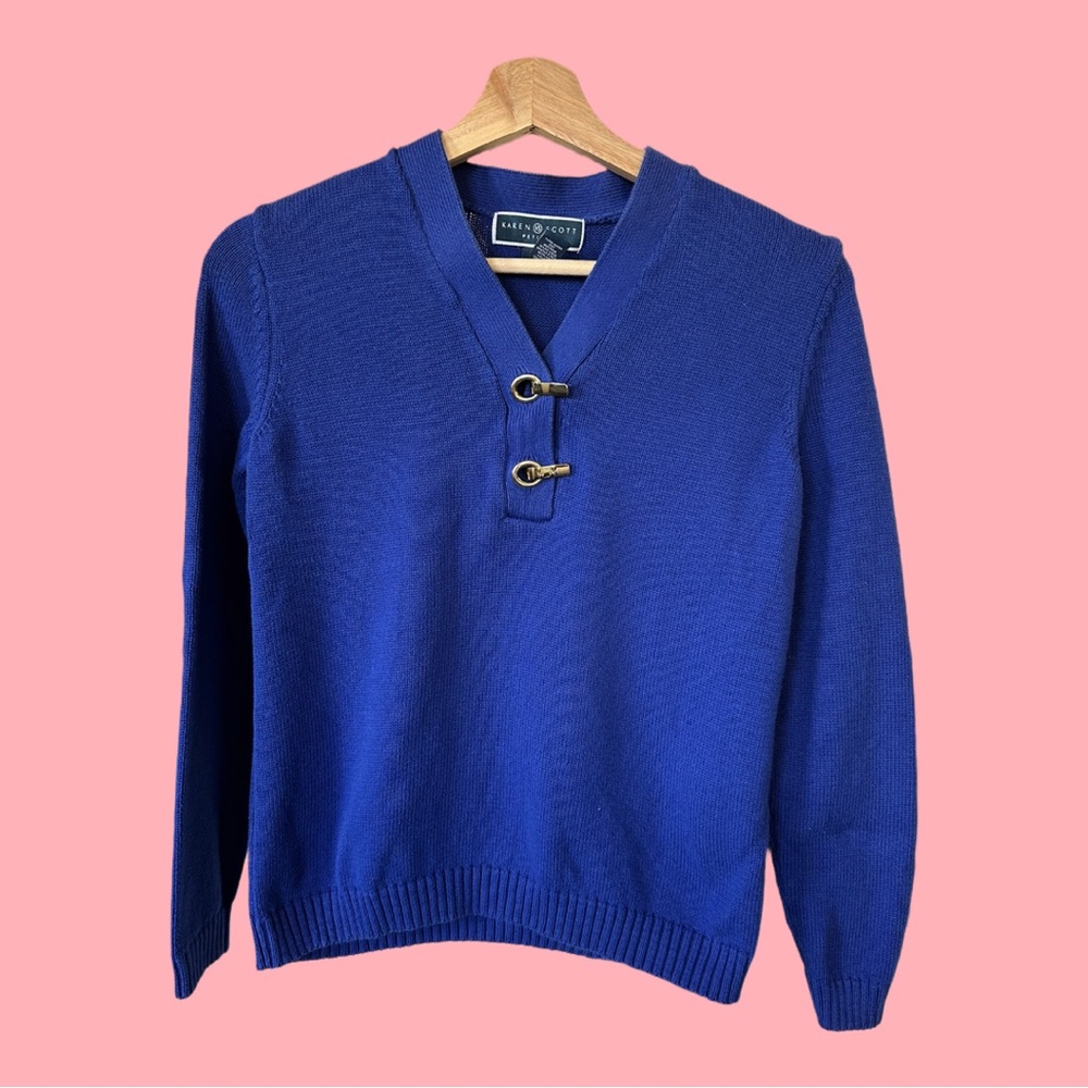 Karen Scott Petites Cobalt Blue Cotton Sweater Gold Closure sz PS